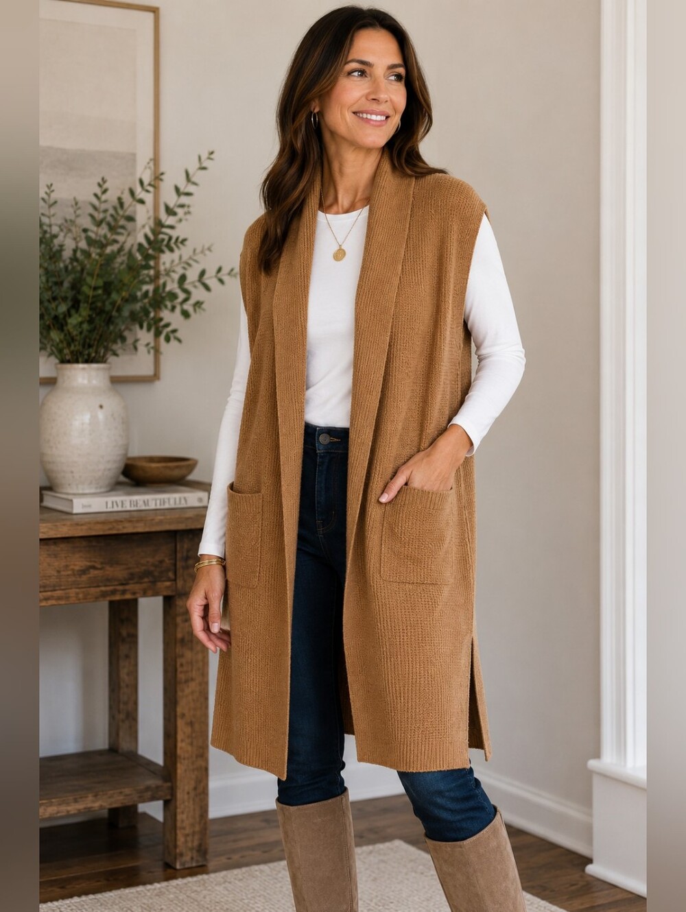Joan Vass Tan Knit Open Front Shawl Collar Longline Vest Size M